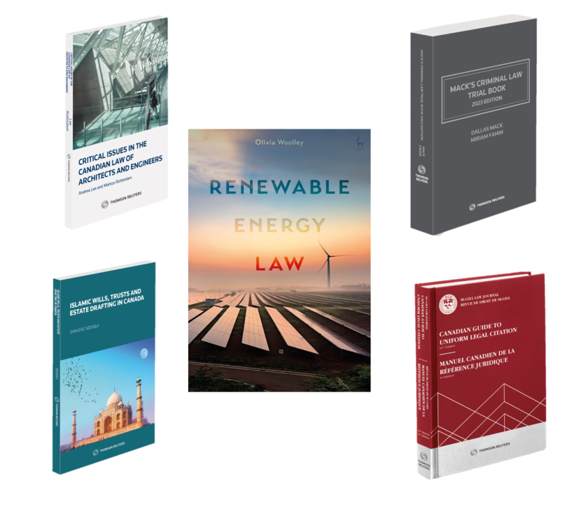 Critical Issues in the Canadian Law of Architects and Engineers, Islamic Wills, Trusts and Estate Drafting in Canada, Renewable Energy Law, Mack's Criminal Law Trial Book, Canadian Guide to Uniform Legal Citation