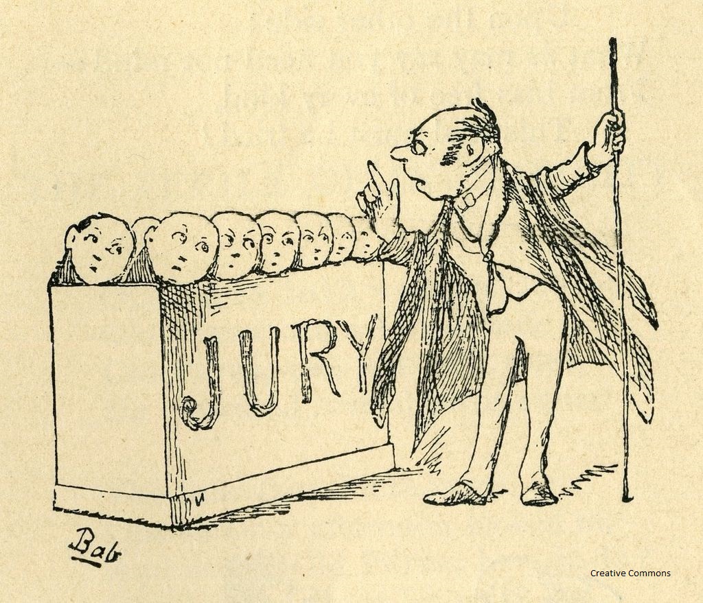 Old-style drawing of a man instructing and all male jury.
