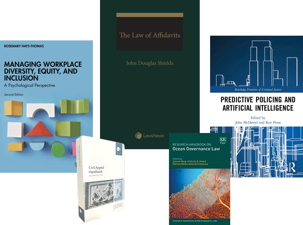 Image title covers. Managing Workplace Diversity, Equity, and Inclusion, The Law of Affidavits, Predictive Policing and Artificial Intelligence, Civil Appeal Handbook 2023, Ocean Governance Law