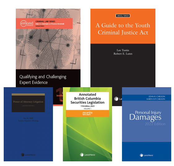 Image title covers. Top Row: Qualifying and Challenging Expert Evidence, Guide to the Youth Criminal Justice Act. Bottom Row: Power of Attorney Litigation, Annotated British Columbia Securities Legislation, Personal Injury Damages 