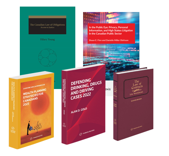 Image title covers: The Canadian Law of Obligations, In the Public Eye, Wealth Planning Strategies for Canadians 2023, Defending Drinking, Drugs and Driving Cases 2022, The Law of Contracts