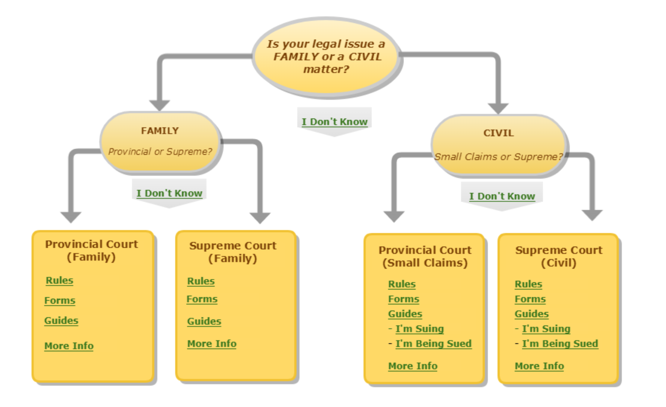 Flow chart asking whether this issue is a family or a civil issue, and from there which court level 