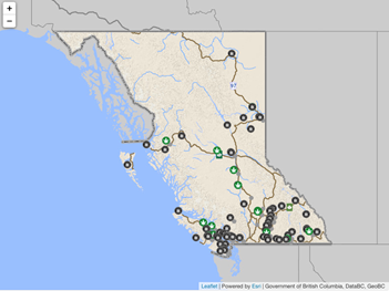 Map of British Columbia with bubbles marking each location for cannabis retail spaces