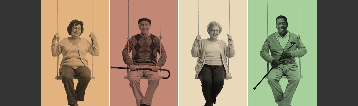 4 older adults sitting next to each other each in their own frame with a different color background on a swing set