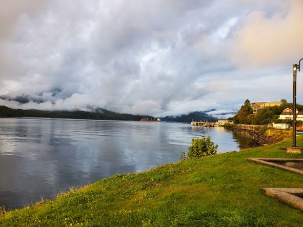 view of Prince Rupert shoreline at sunset