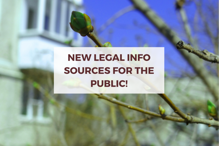 Image of budding trees with text reading "new legal info sources for the public" superimposed overtop