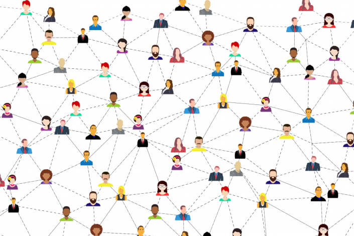 cartoon drawing of many people connected by lines, like a connect-the-dots drawing.