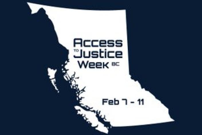 banner image of access to justice week bc logo, showing the province of BC in white on a dark blue background