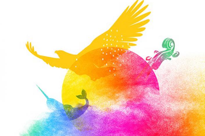 Banner image for National Indigenous History Month, show pastel versions of an eagle and narwhal in front of a sun