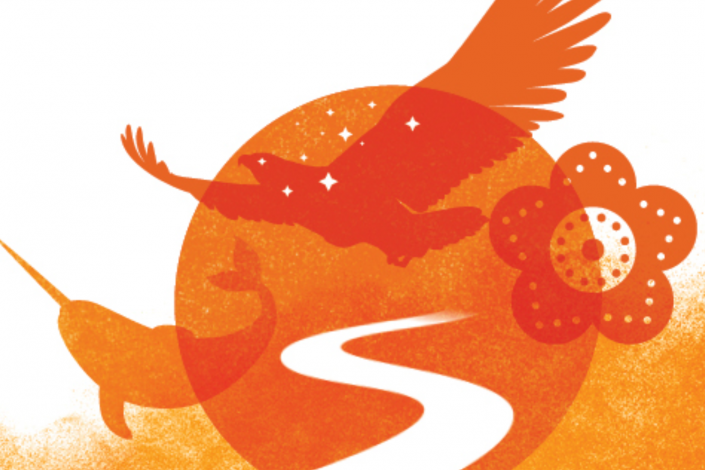Banner for National Day of Truth and Reconciliation. Features orange eagle, narwal, and flower.